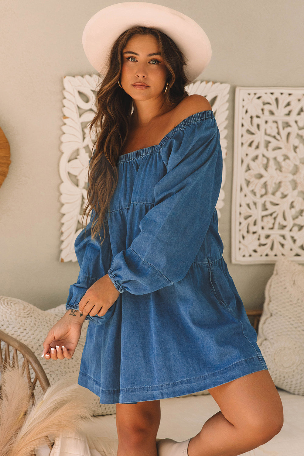 Adalyn Square Neck Side Pockets Loose Fit Denim Dress-3