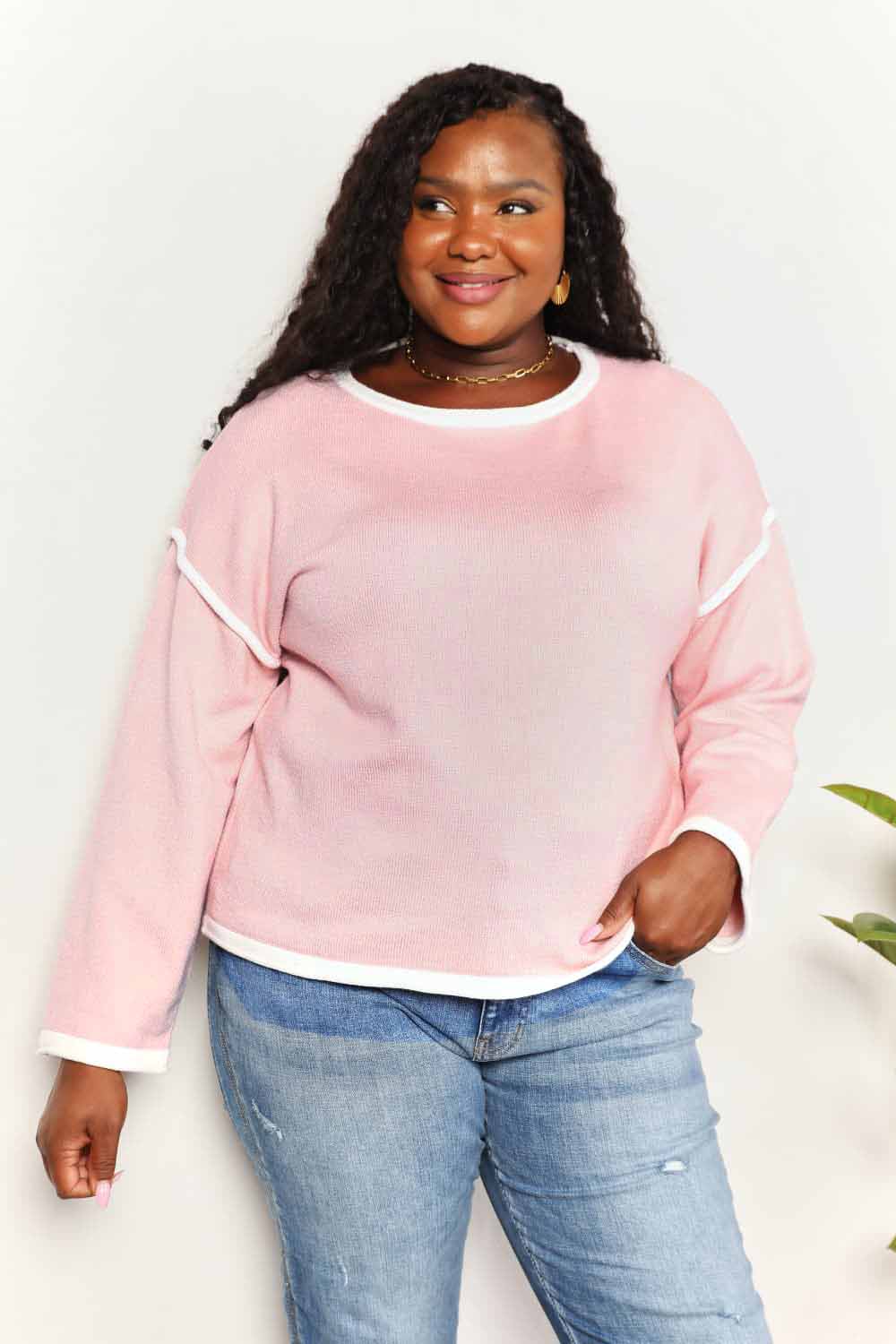 Double Take Contrast Detail Dropped Shoulder Knit Top-0