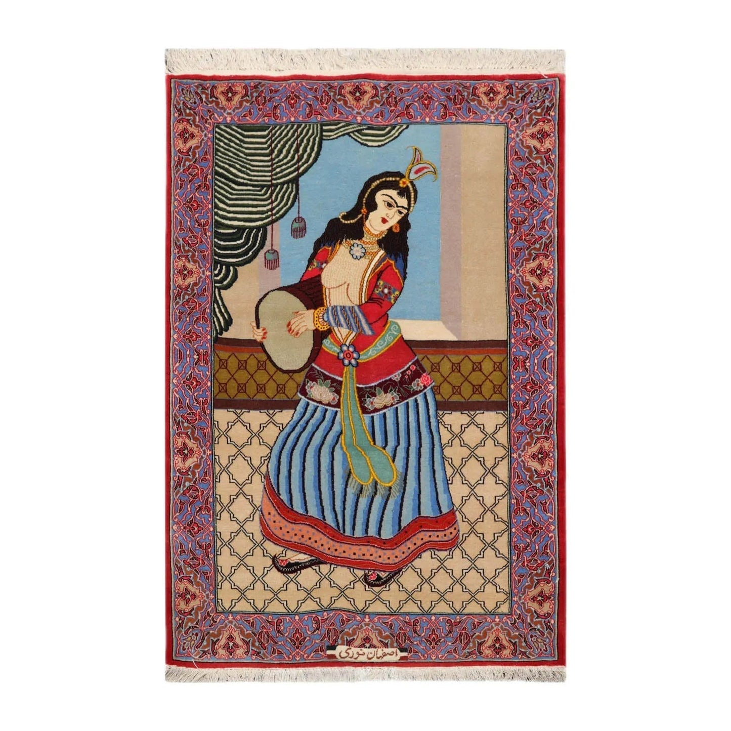 2' 5''x3' 10'' Hand Knotted 100% Wool Pictorial Tapestry Isfahan 300 kpsi Oriental Area Rug Beige, Blue Color-1