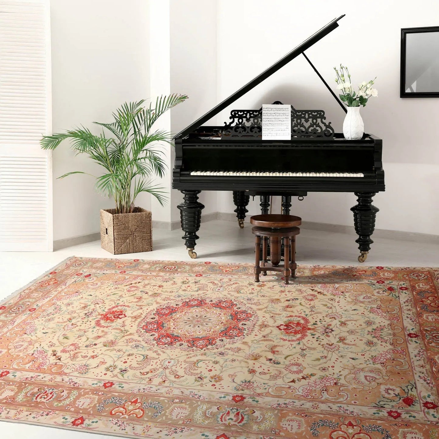 6x9 Hand Knotted Wool and Silk Traditional Tabriz 300 KPSI Oriental Area Rug Ivory, Peach Color-0