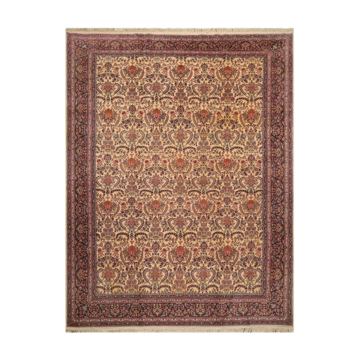 9x12 Warm Beige, Charcoal Hand Knotted 100% Wool Kerman Vintage Traditional Oriental Area Rug-1