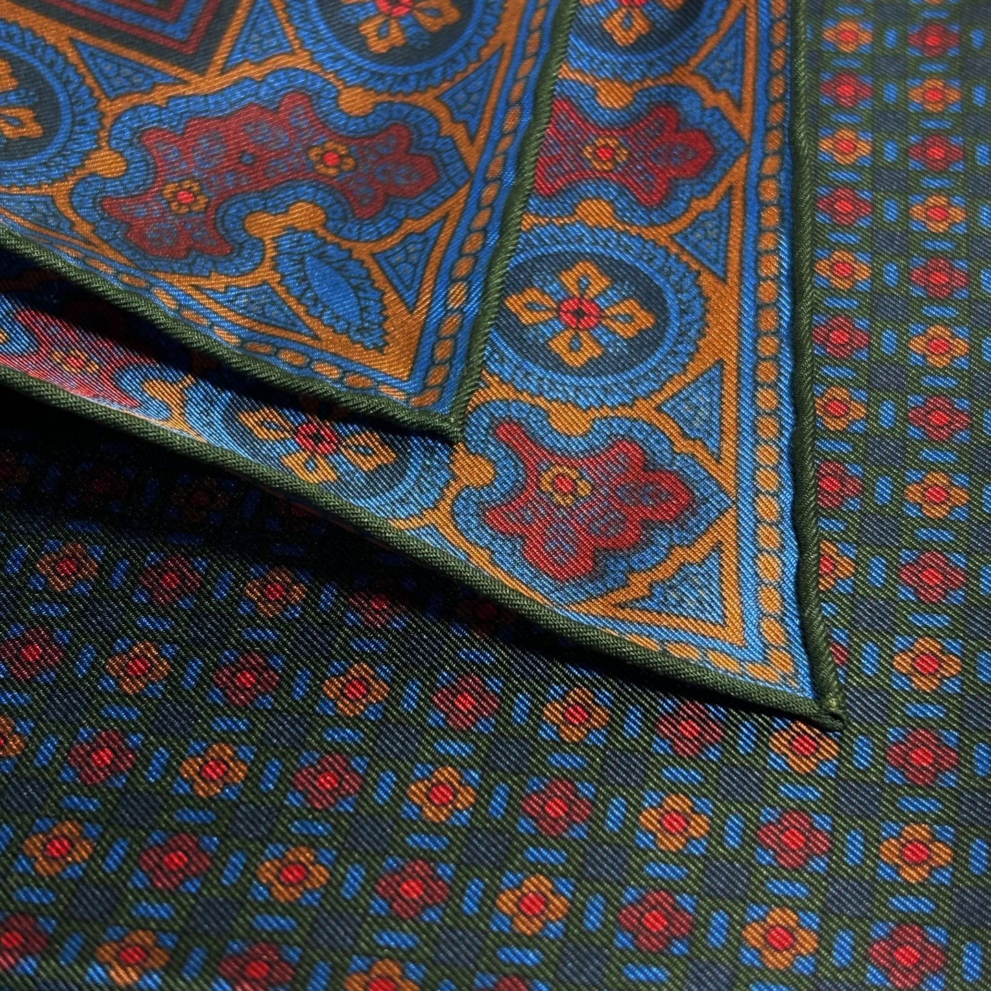 Forest Green & Bronze Small Geometric Ancient Madder Silk Pocket Square-4