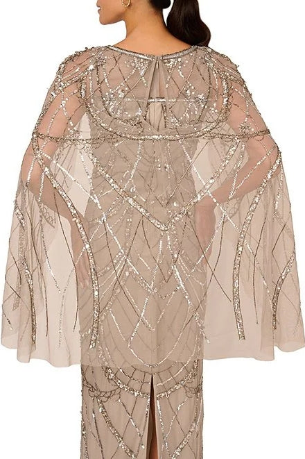 Adrianna Papell Sweetheart Boat Neck Cape Sleeves Beaded Mesh Illusion Trim Flutter Hemline Sheath Floor-Length Silhouette Dress-2