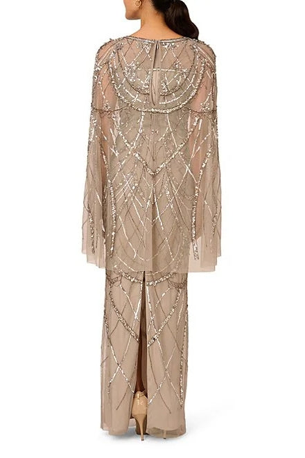 Adrianna Papell Sweetheart Boat Neck Cape Sleeves Beaded Mesh Illusion Trim Flutter Hemline Sheath Floor-Length Silhouette Dress-1