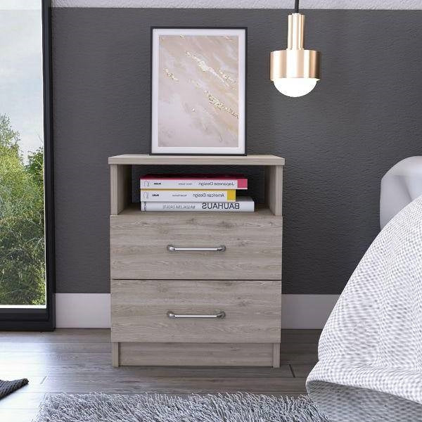 Modern 2-Drawer Nightstand with Open Shelf in Beige Wood Finish-3