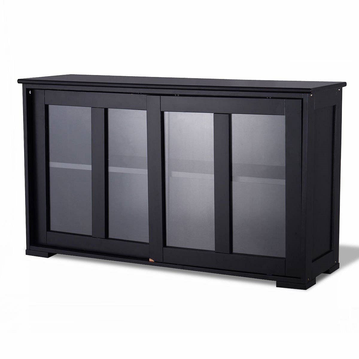 Black Sideboard Buffet Dining Storage Cabinet with 2 Glass Sliding Doors-0