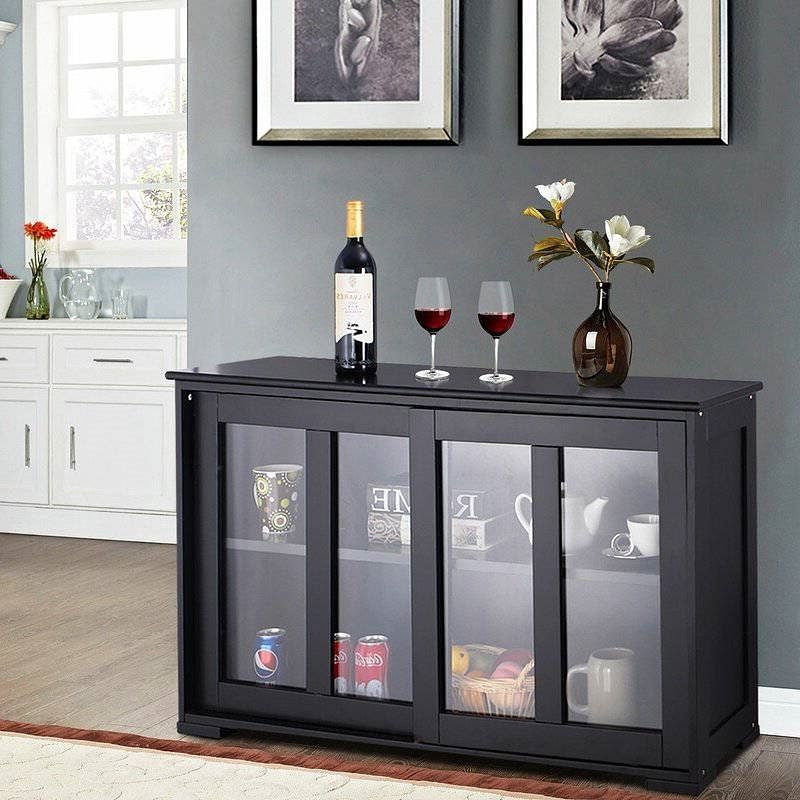 Black Sideboard Buffet Dining Storage Cabinet with 2 Glass Sliding Doors-1
