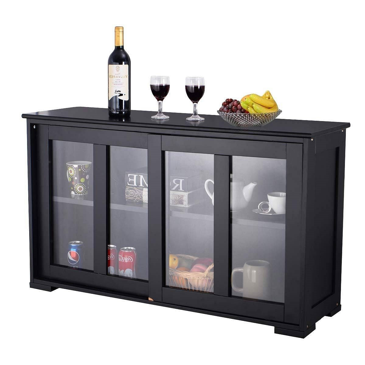 Black Sideboard Buffet Dining Storage Cabinet with 2 Glass Sliding Doors-2