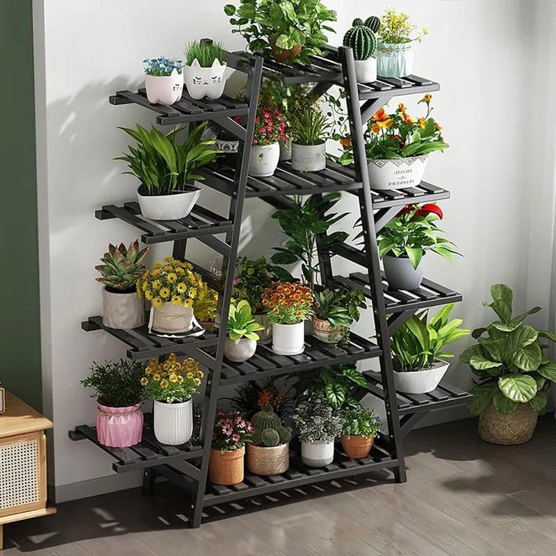Indoor Outdoor 12-Shelf Black Wood Triangular Flower Pot Plant Stand-0