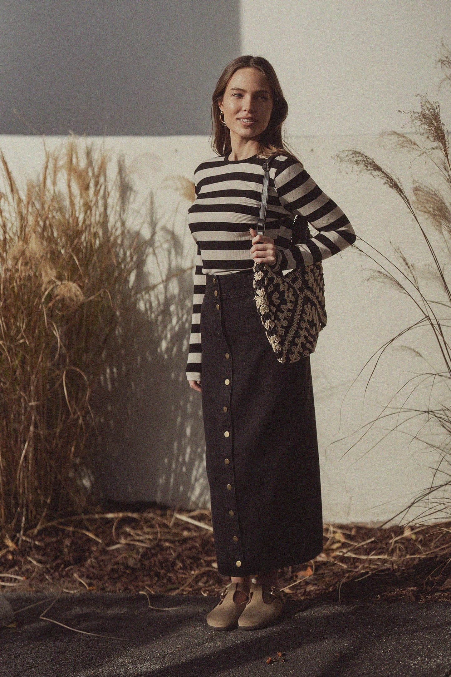 Ribbed Striped High V Tee Long Sleeve-Tan/Black-0