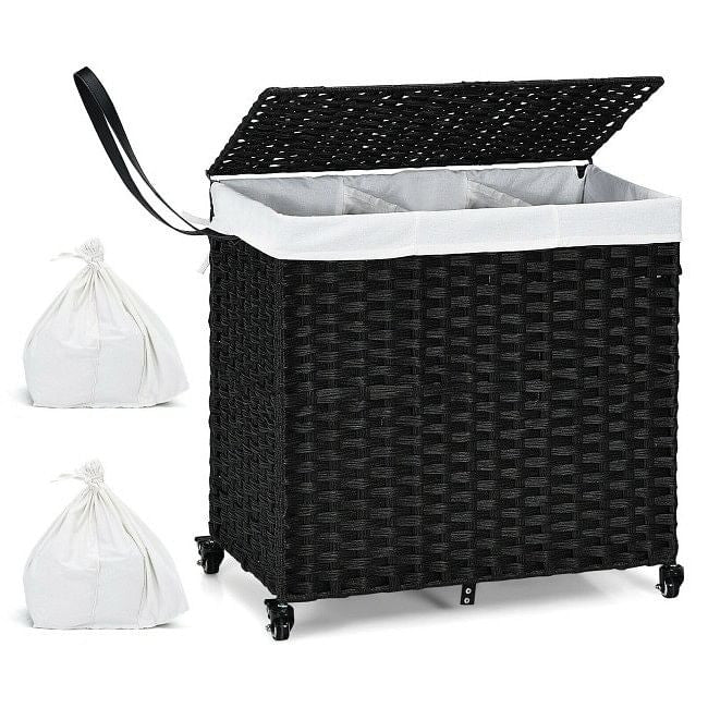 Black 3 Bin Linen Lined on Wheels PR Rattan Laundry Hamper-2
