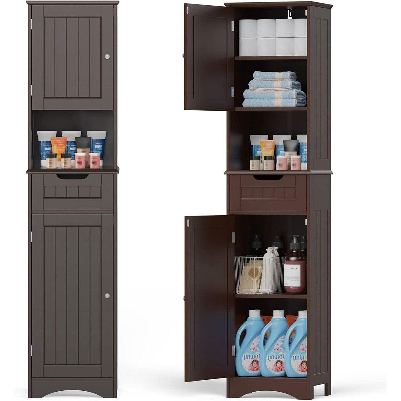 Dark Brown Bathroom Linen Cabinet Tower with 2 Doors Storage Drawer and Shelf-1