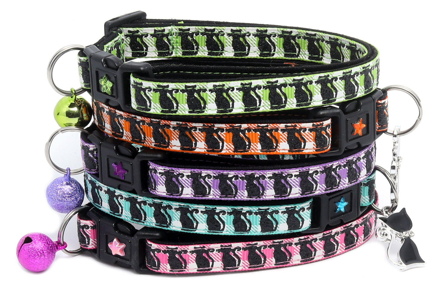 Glittering Black Cats on Plaid Breakaway Cat Collar-0