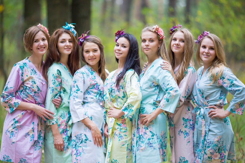 Light Yellow Blooming Flowers Pattern Bridesmaids Robes-1