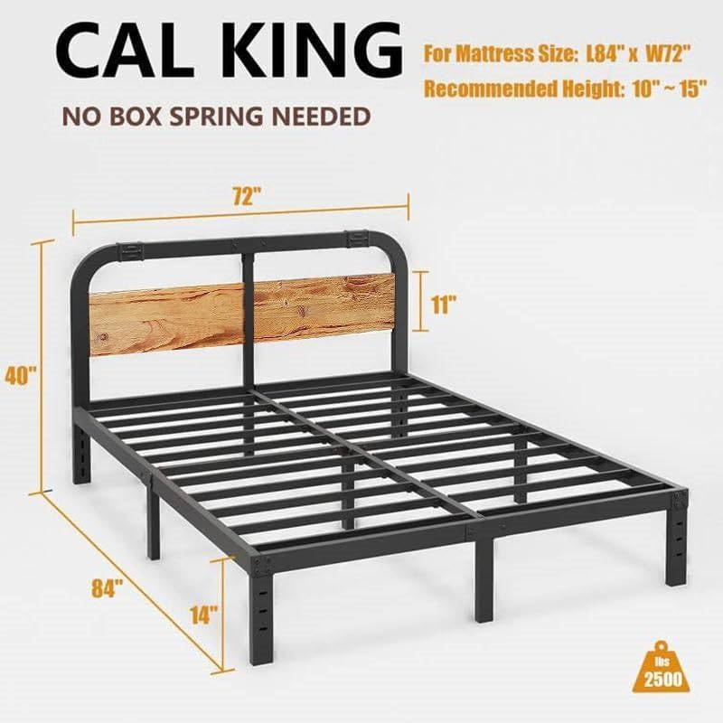 California King Heavy Duty Black Metal Bed Frame with Wood Panel Headboard-4