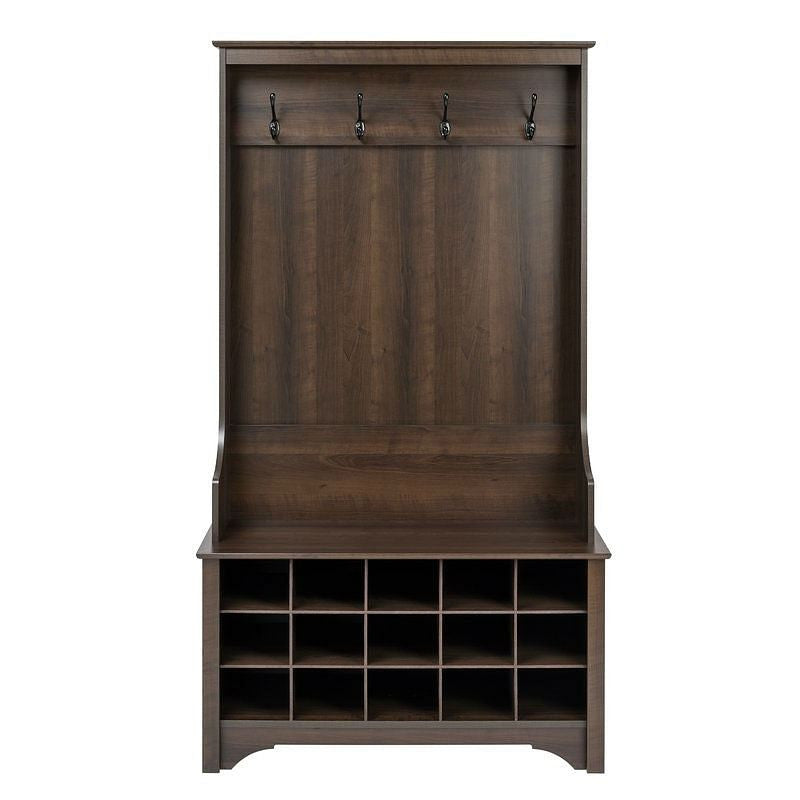 Dark Brown Entryway Hall Tree Shoe Cubbie Coat Rack-2