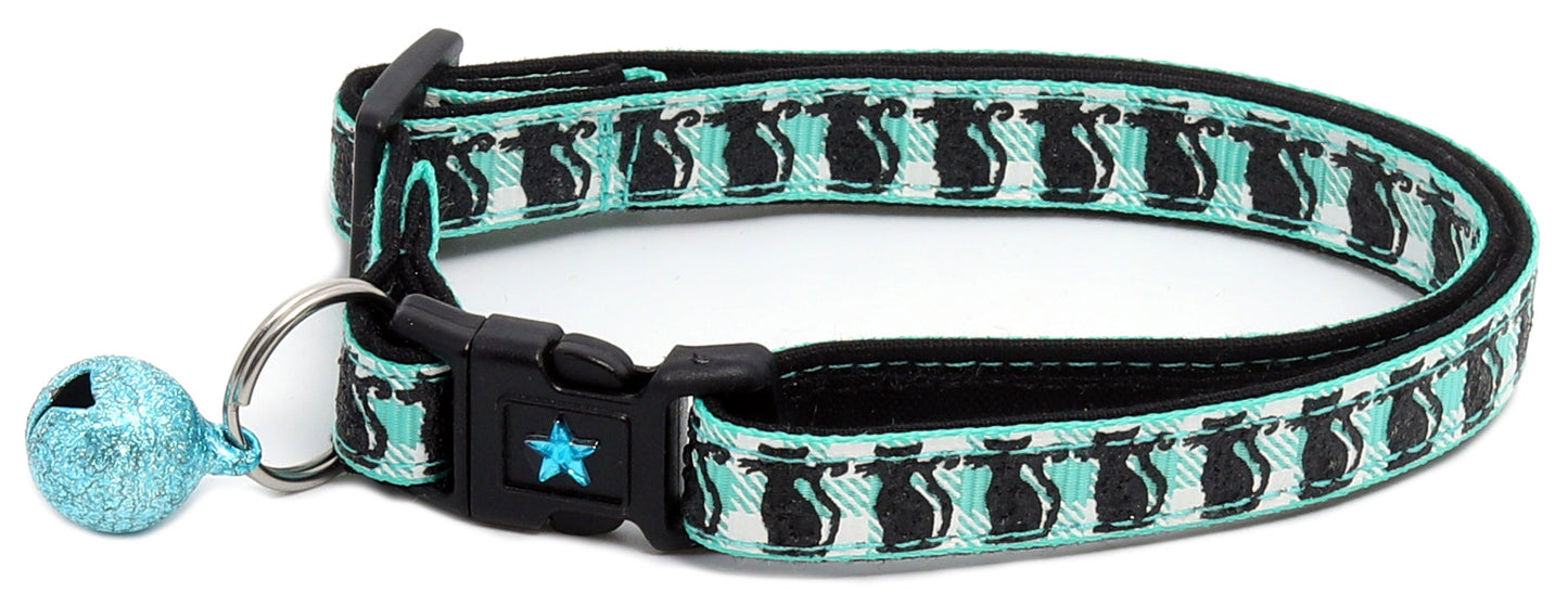 Glittering Black Cats on Plaid Breakaway Cat Collar-1