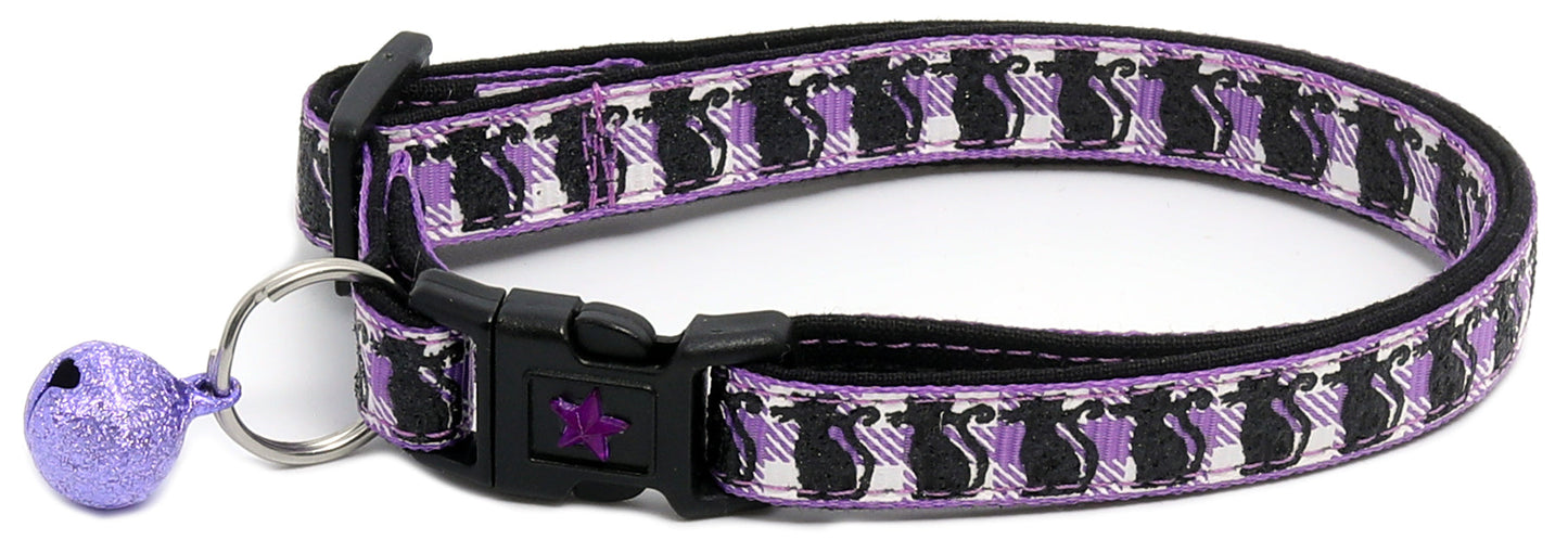 Glittering Black Cats on Plaid Breakaway Cat Collar-5
