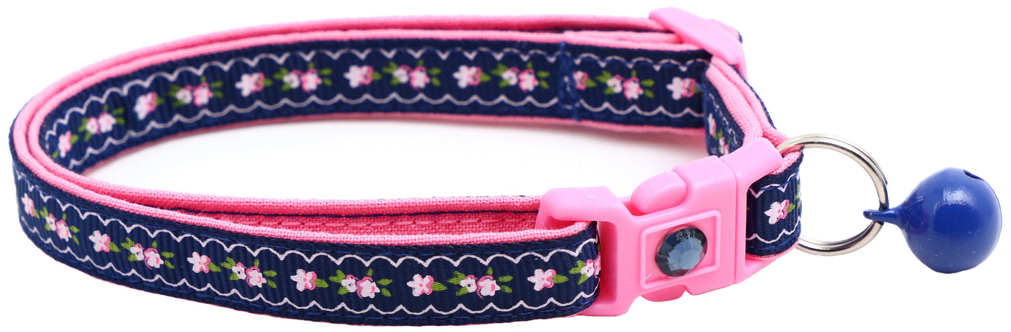 Pink Flowers and Lace on Navy Blue Breakaway Cat Collar-1