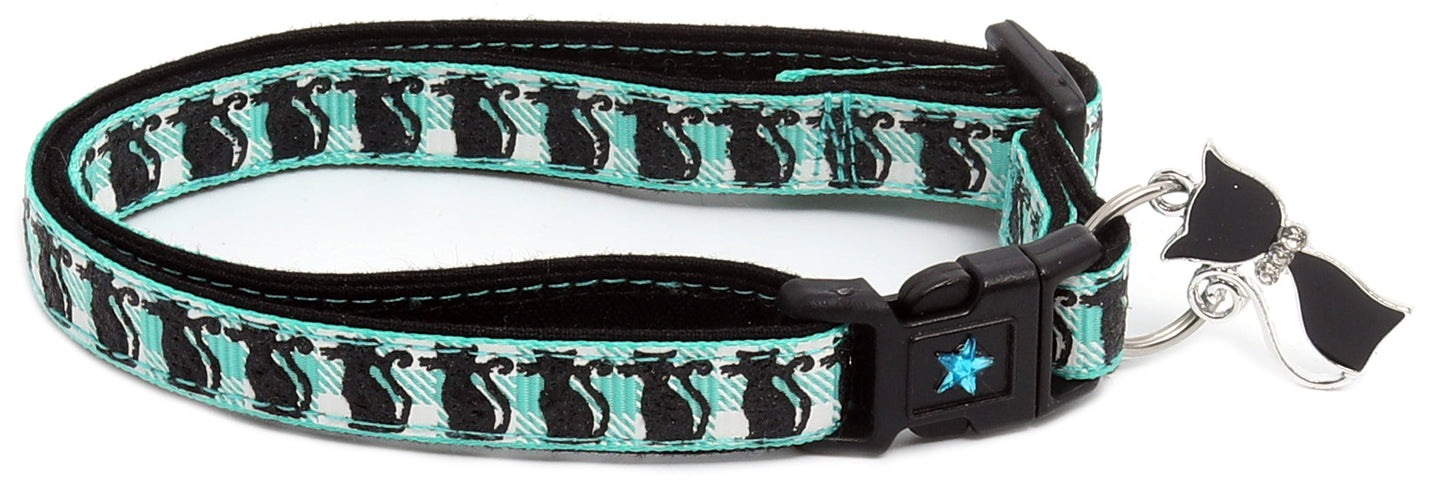 Glittering Black Cats on Plaid Breakaway Cat Collar-2