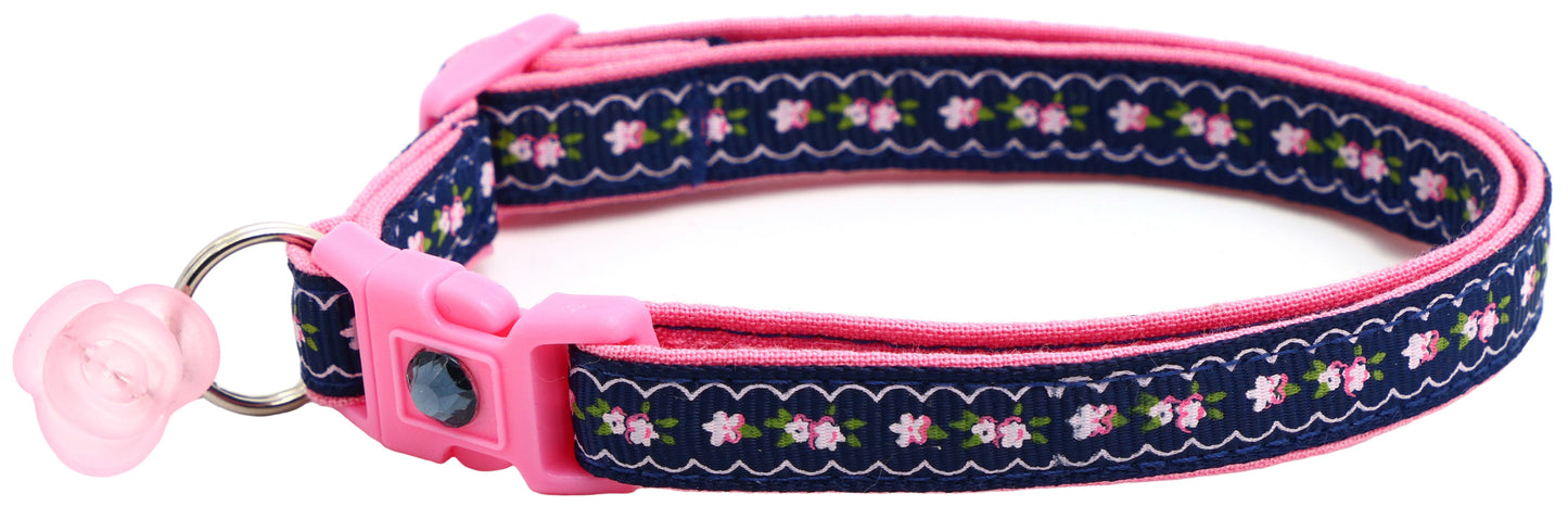 Pink Flowers and Lace on Navy Blue Breakaway Cat Collar-2
