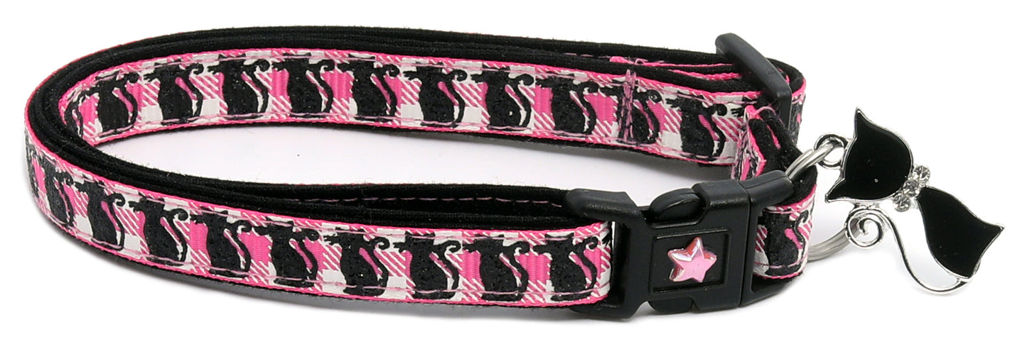 Glittering Black Cats on Plaid Breakaway Cat Collar-16