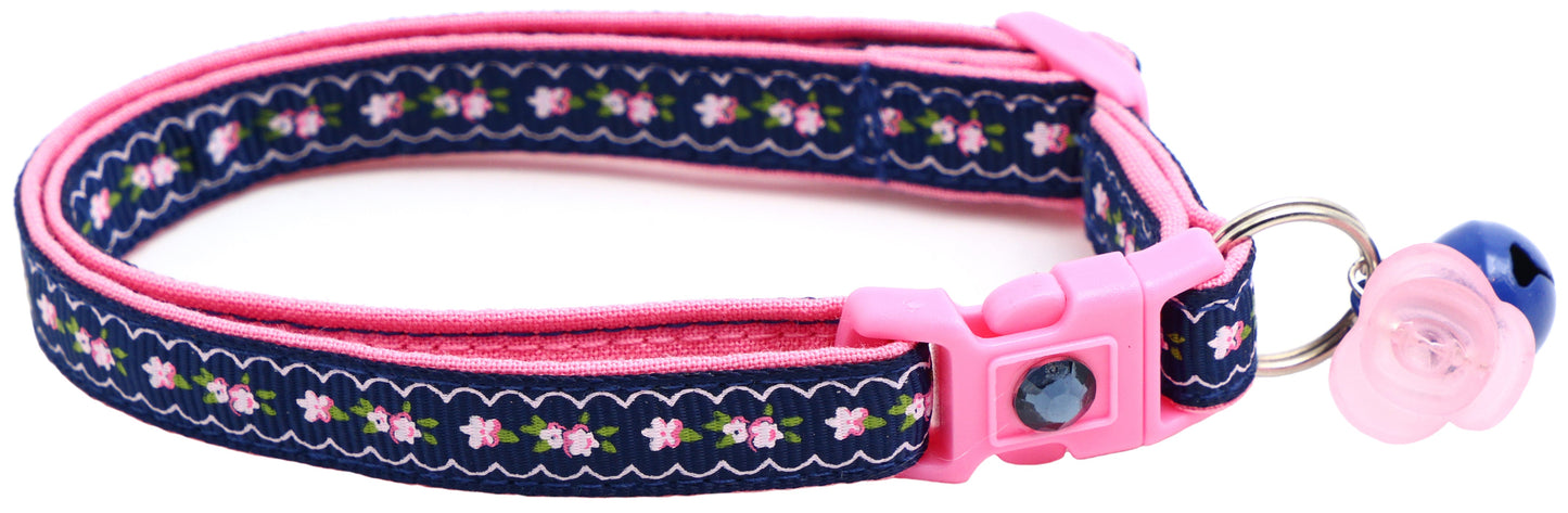 Pink Flowers and Lace on Navy Blue Breakaway Cat Collar-4