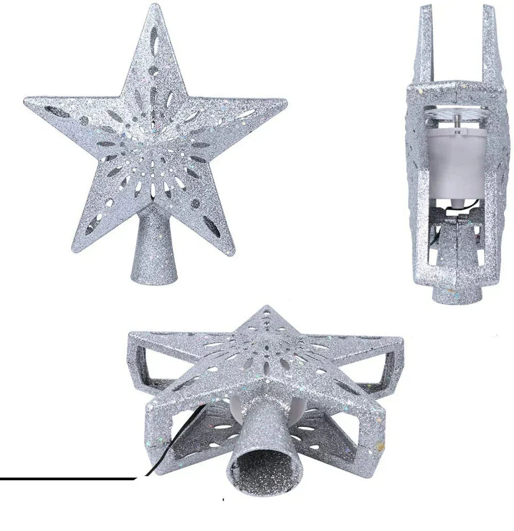 3D Glitter Star Christmas Tree Topper with Rotating LED Snowflake Projector-0