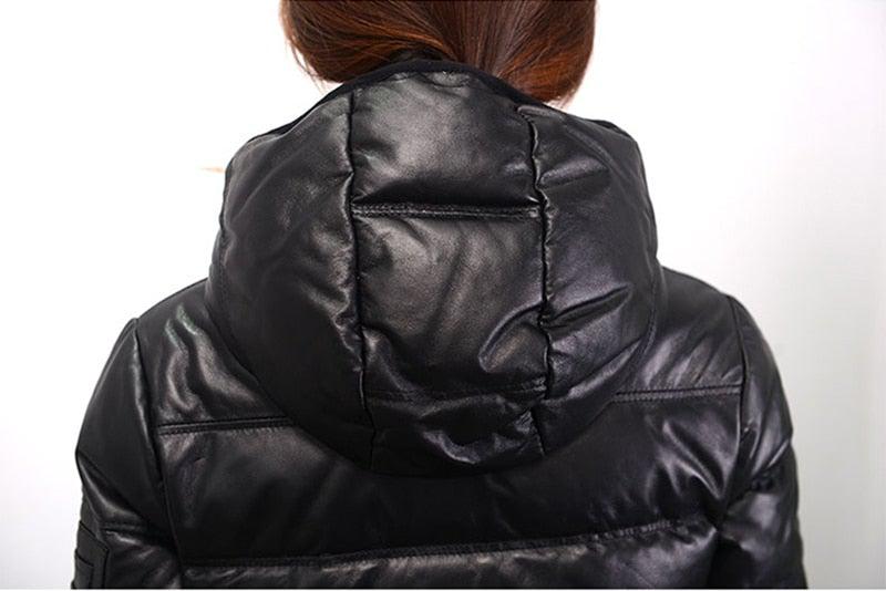 Contra 2020 Black Genuine Hooded Womens Leather Puffer Jacket-4