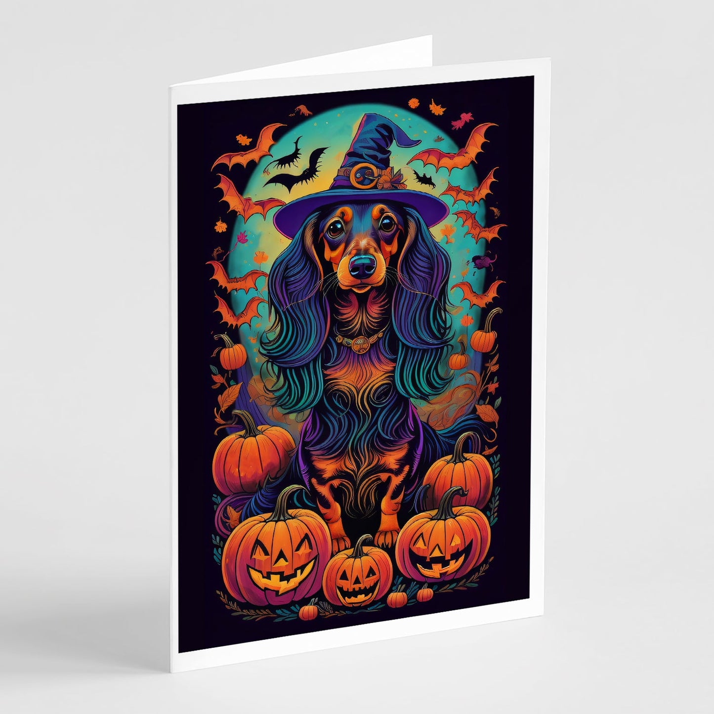Longhair Black and Tan Dachshund Witchy Halloween Greeting Cards Pack of 8-0