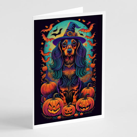 Longhair Black and Tan Dachshund Witchy Halloween Greeting Cards Pack of 8-0