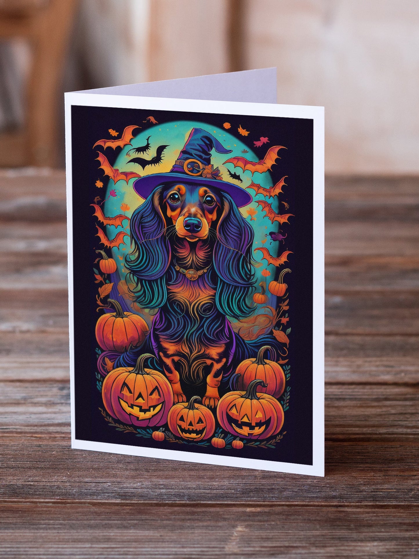 Longhair Black and Tan Dachshund Witchy Halloween Greeting Cards Pack of 8-1