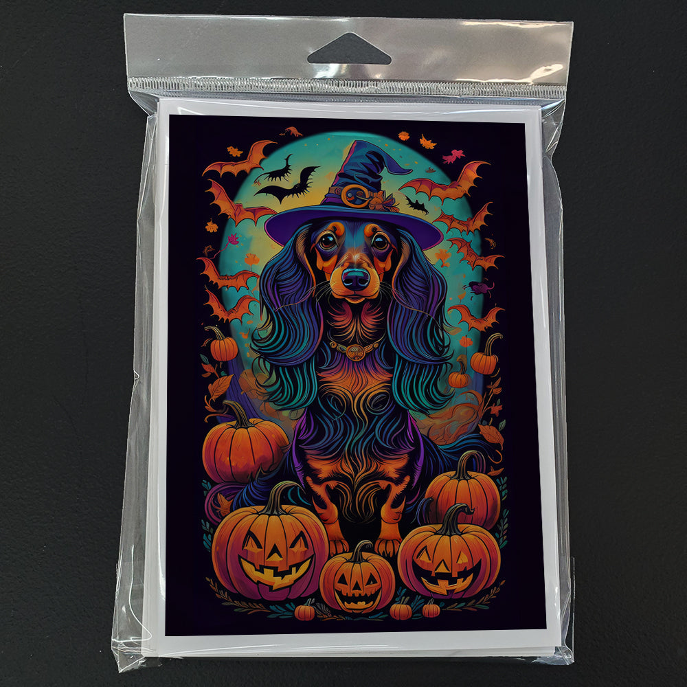 Longhair Black and Tan Dachshund Witchy Halloween Greeting Cards Pack of 8-2