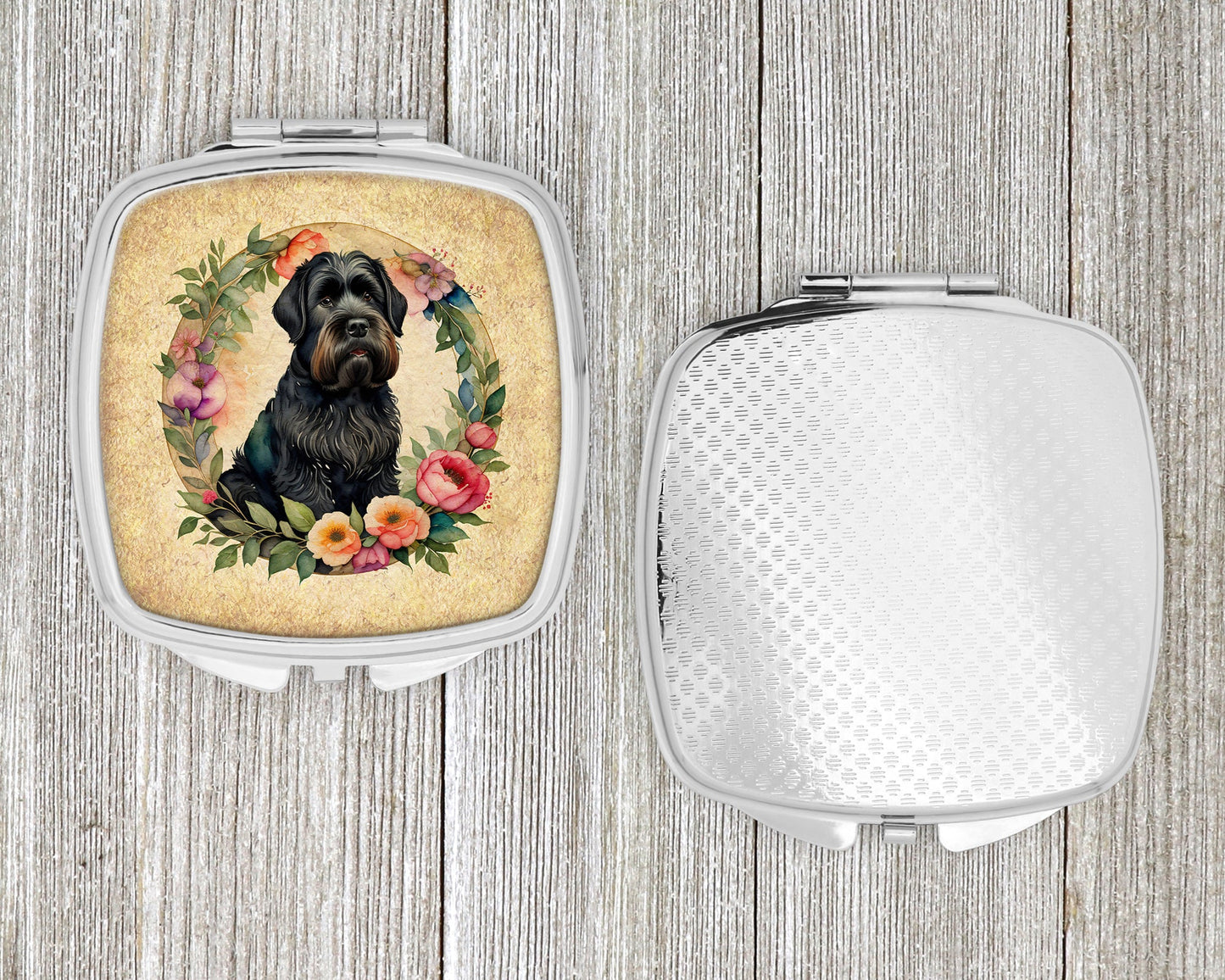 Black Russian Terrier and Flowers Compact Mirror-3