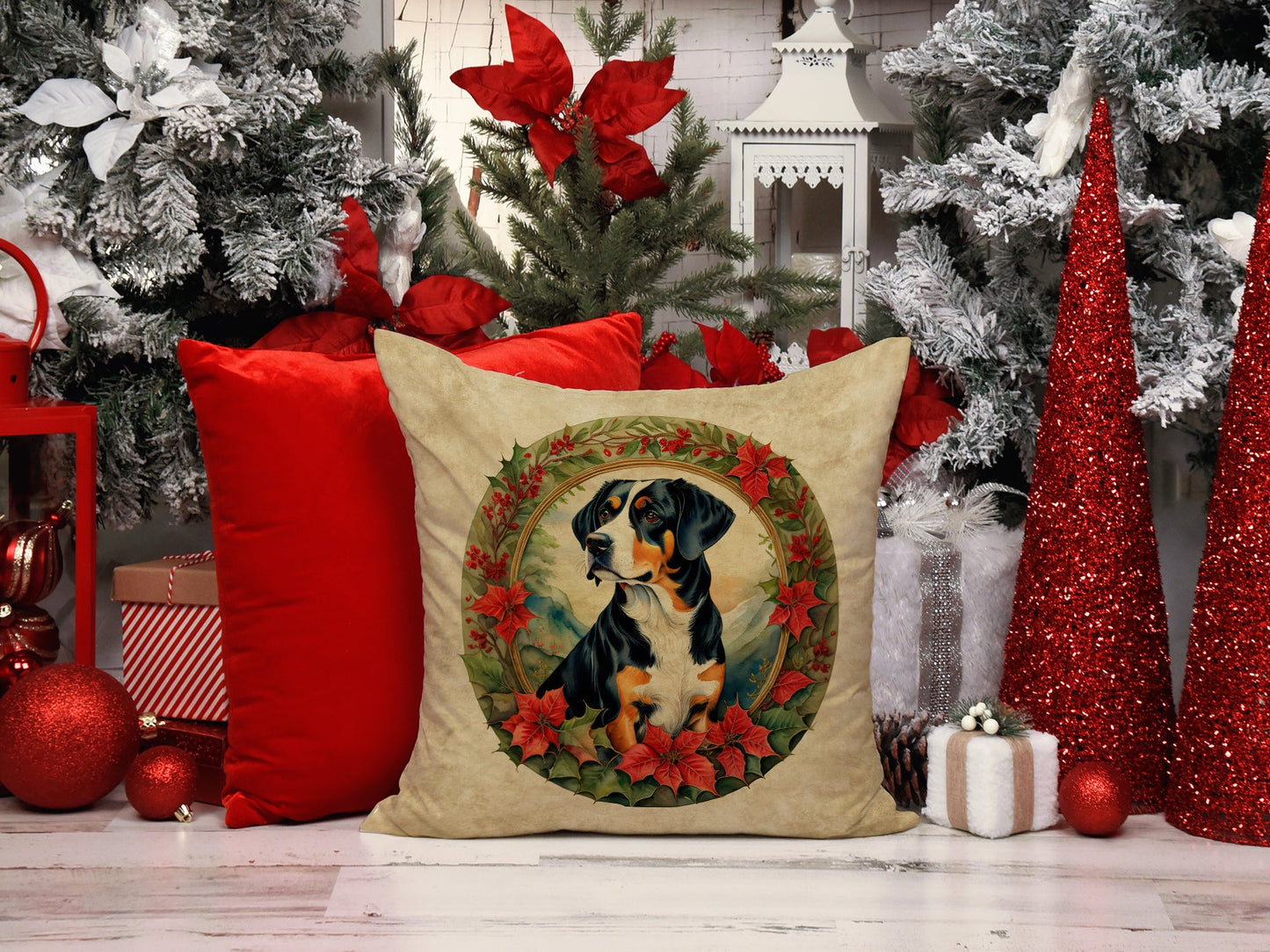 Entlebucher Mountain Dog Christmas Flowers Throw Pillow-4