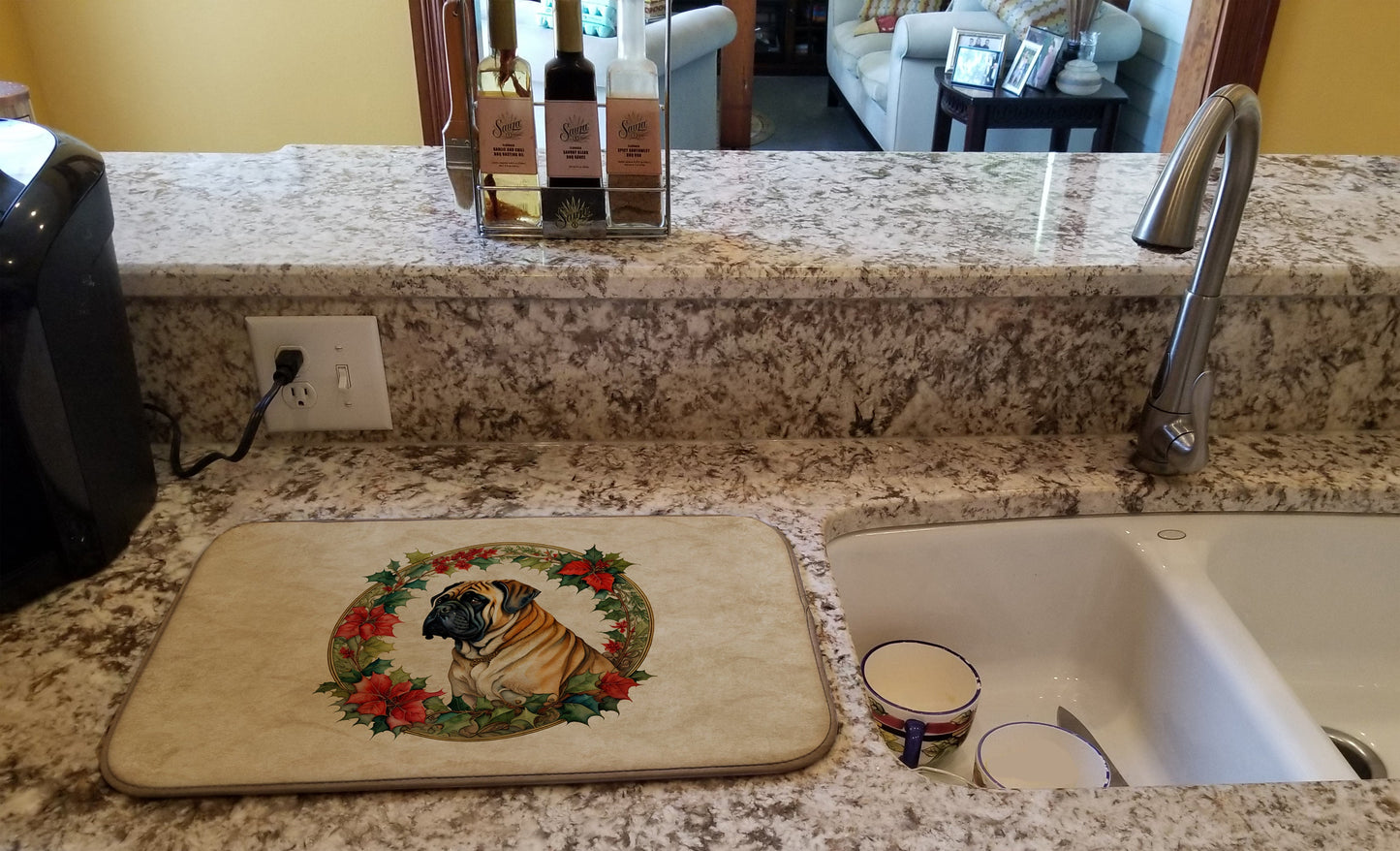 Mastiff Christmas Flowers Dish Drying Mat-1