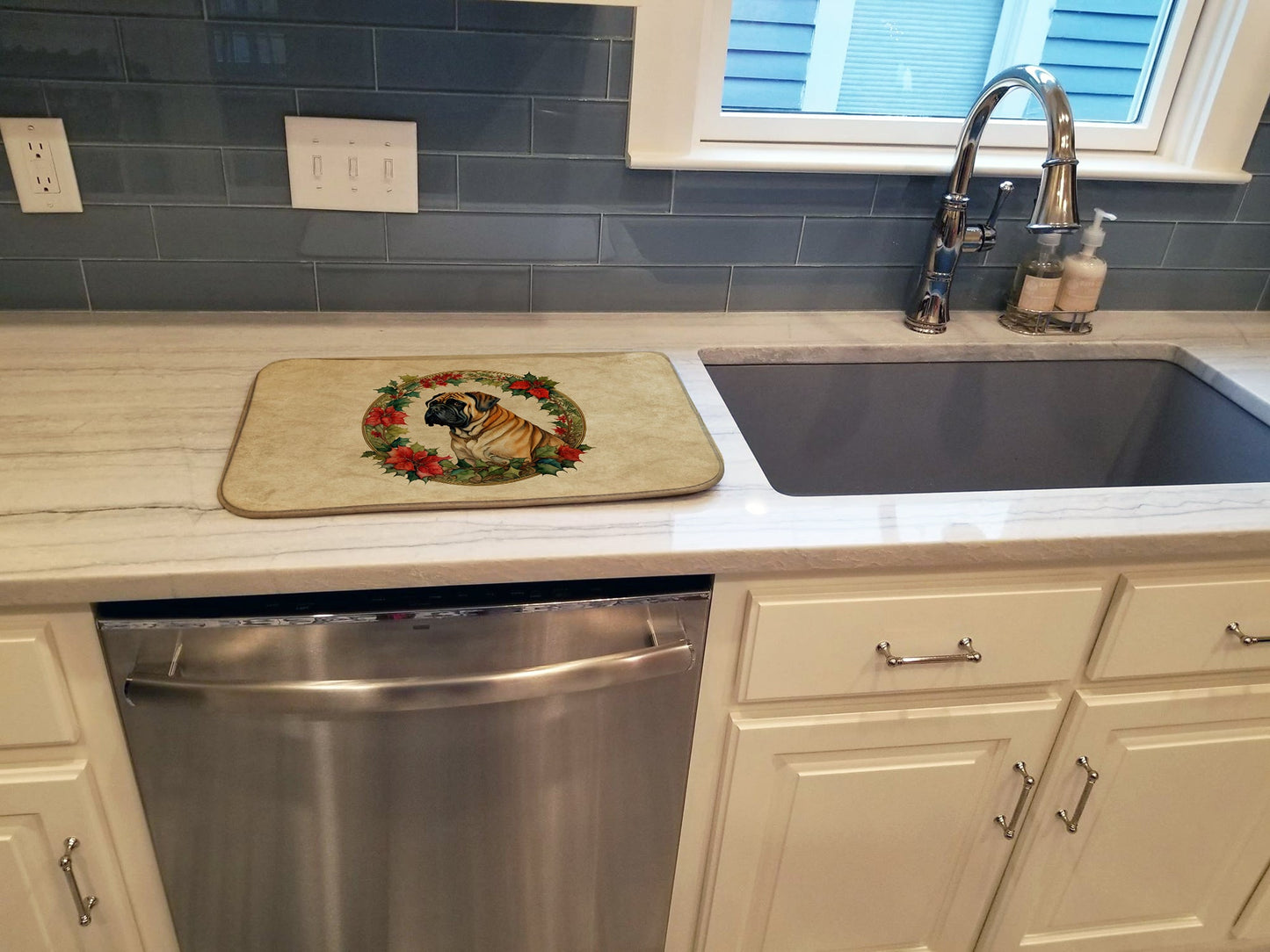 Mastiff Christmas Flowers Dish Drying Mat-2
