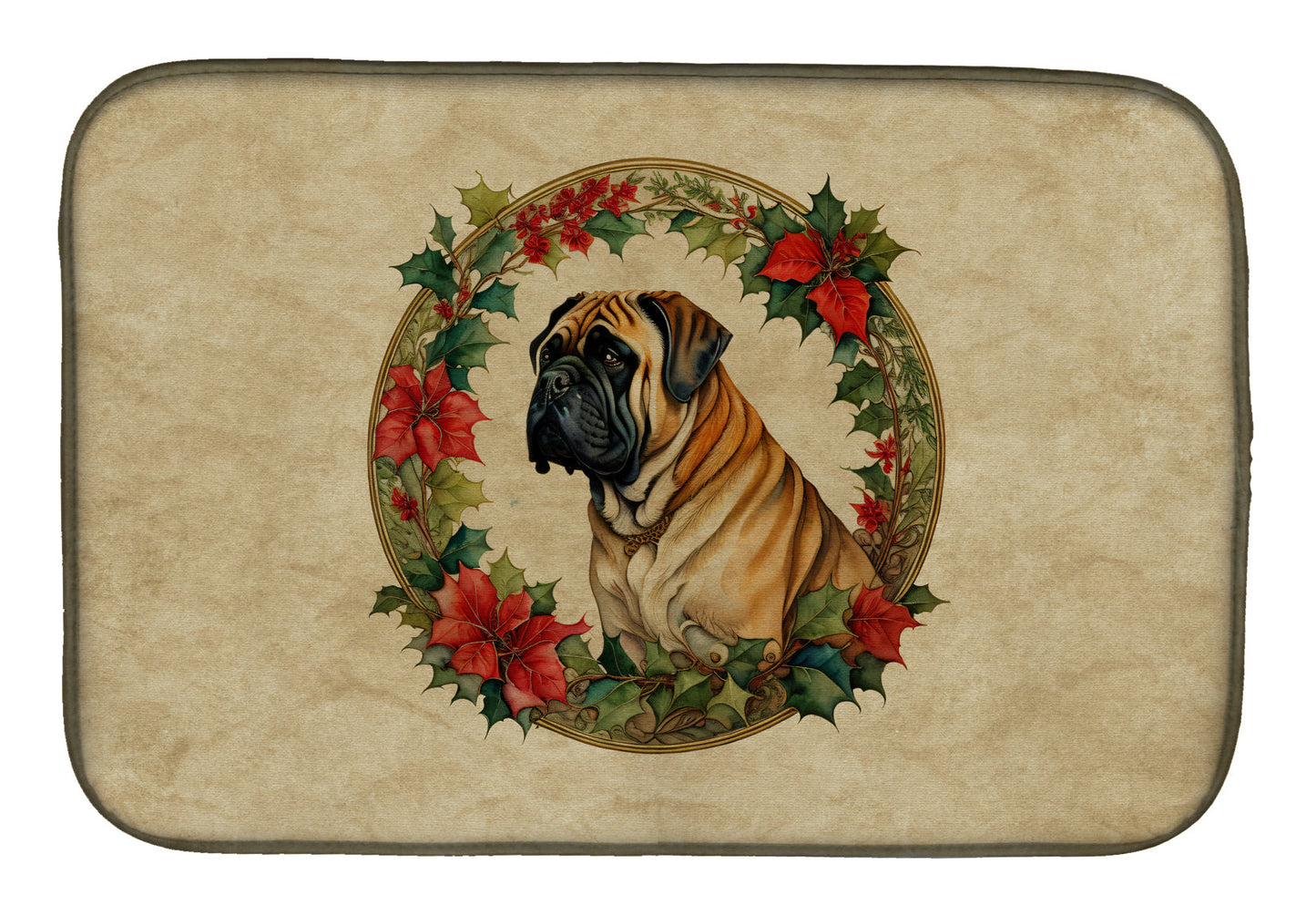 Mastiff Christmas Flowers Dish Drying Mat-0