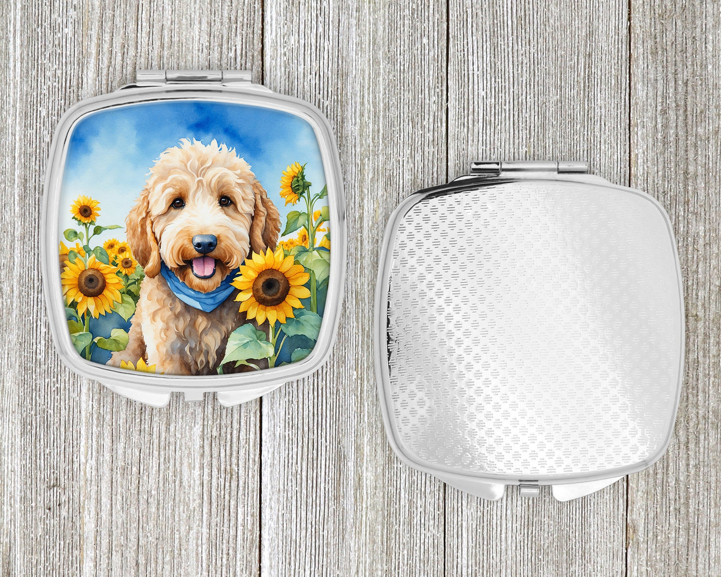 Goldendoodle in Sunflowers Compact Mirror-3