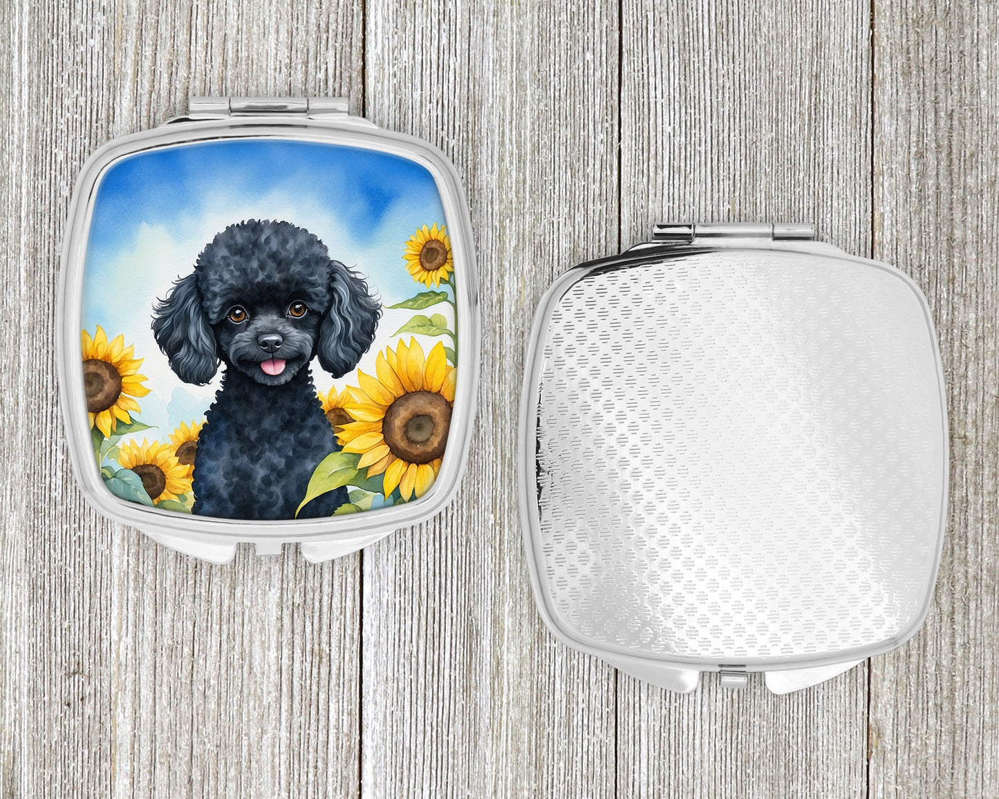 Black Poodle in Sunflowers Compact Mirror-3