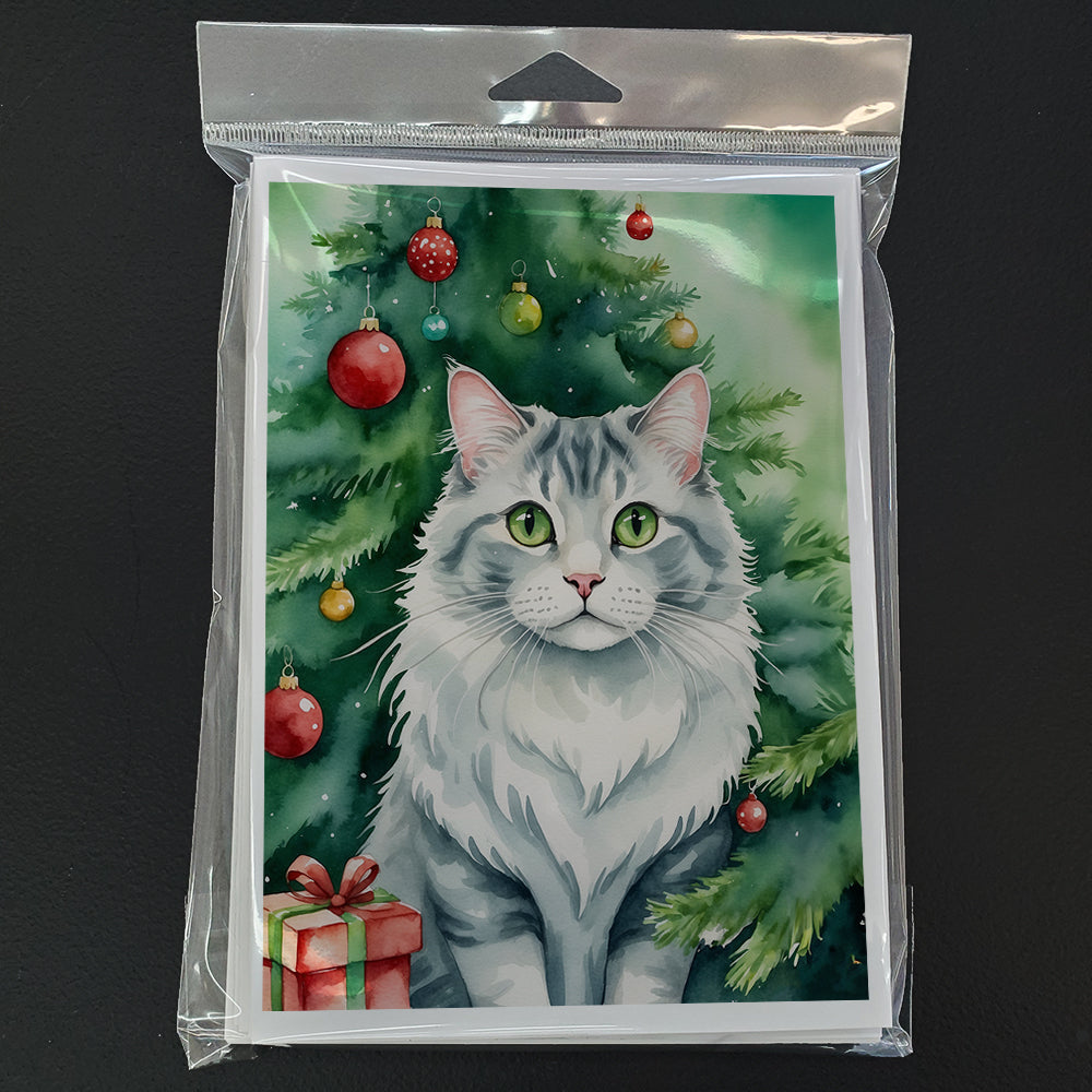 American Curl Cat By the Christmas Tree Greeting Cards Pack of 8-2