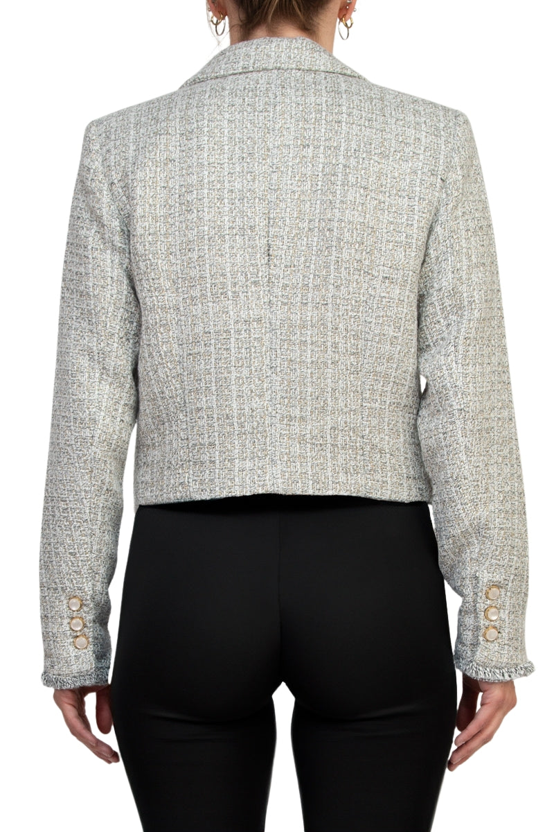 Elie Long Sleeve Tweed Metallic Open-Front Blazer With Patch Pockets With Metal Chain Logo Bar-4