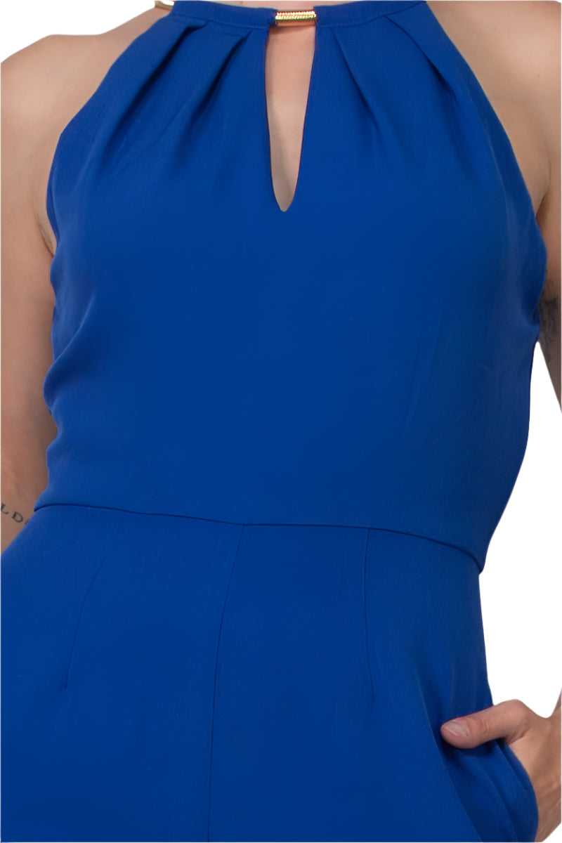 Donna Ricco Halter Chain Neck Keyhole Front Sleeveless Zipper Back Pockets Solid Crepe Jumpsuit-3