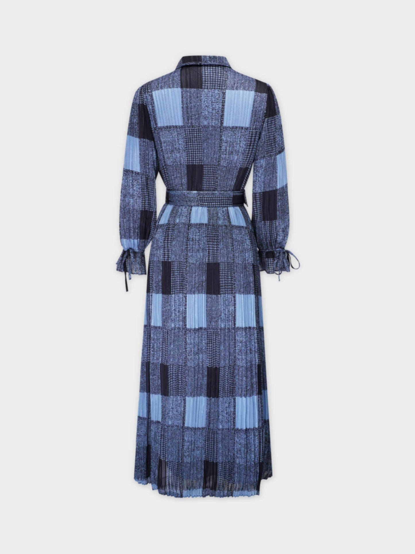 Belted Pleat Dress-Blue Plaid-1