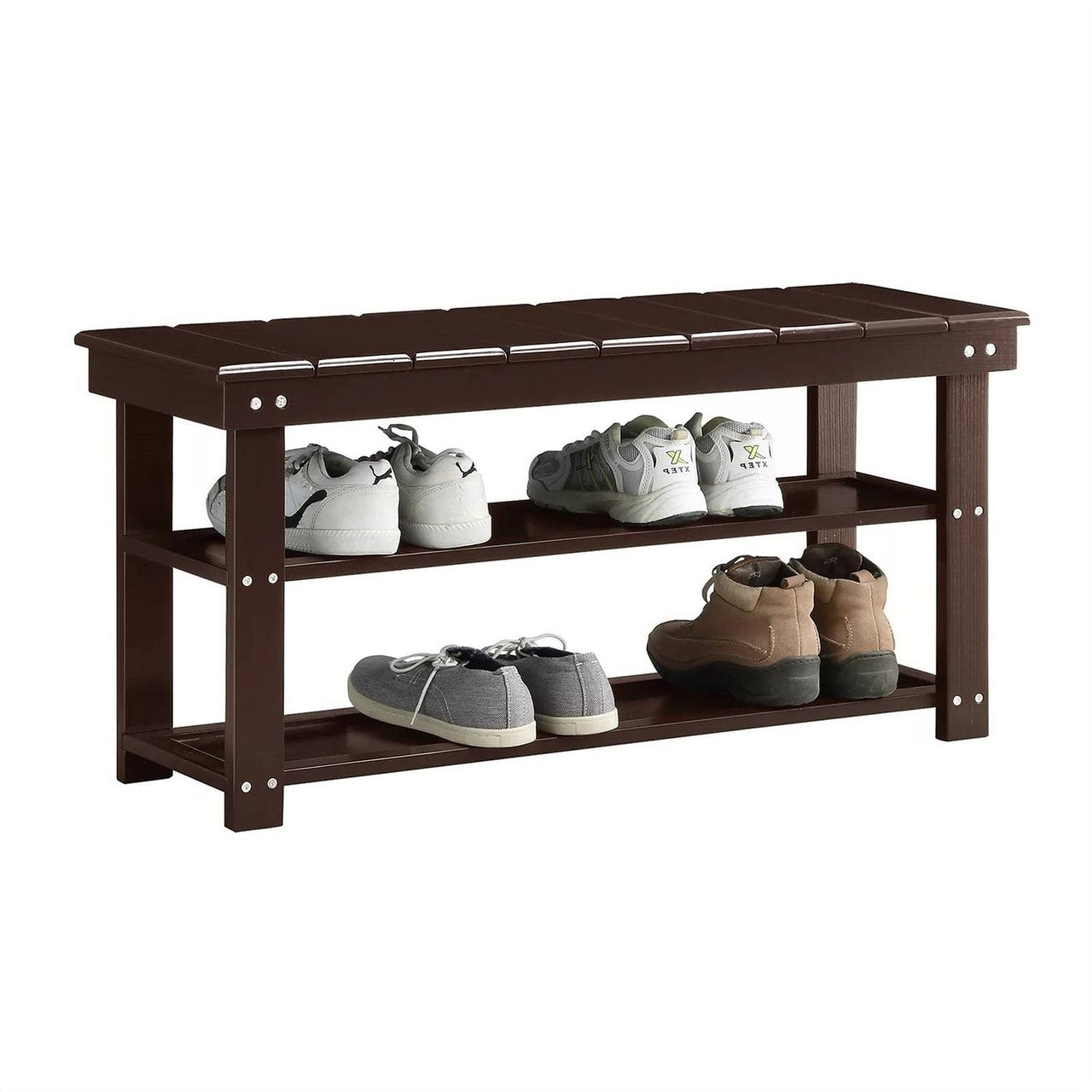 Espresso Brown Wood 2-Shelf Shoe Rack Storage Bench For Entryway or Closet-2