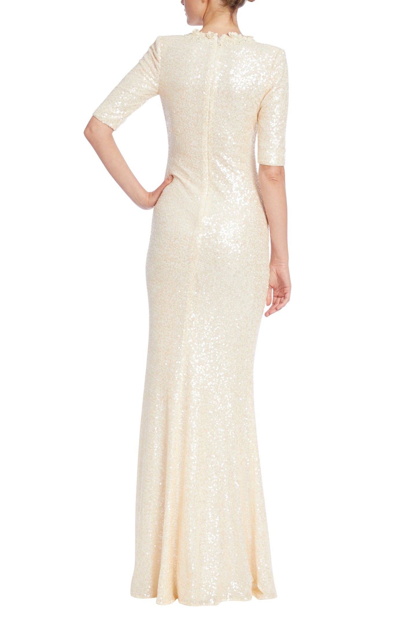 Badgley Mischka Sequined V-Neckline Bodice 3/4 Sleeves Sash Tie Embellished with Rhinestones Crystal Lace Trim Front Slit Back Zipper Gown-1