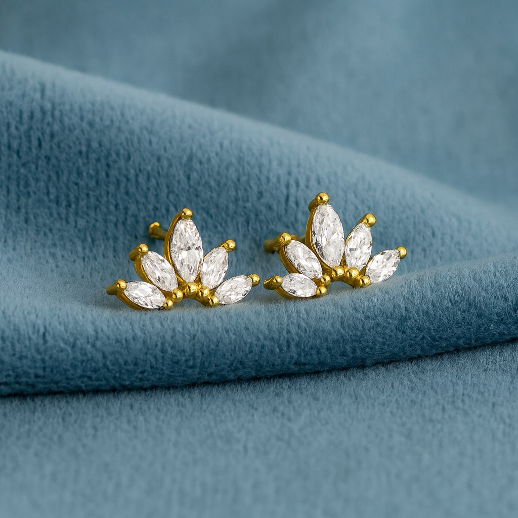 Marquise Fan Cluster Stud Earrings - Sterling Silver Yellow Plated-2