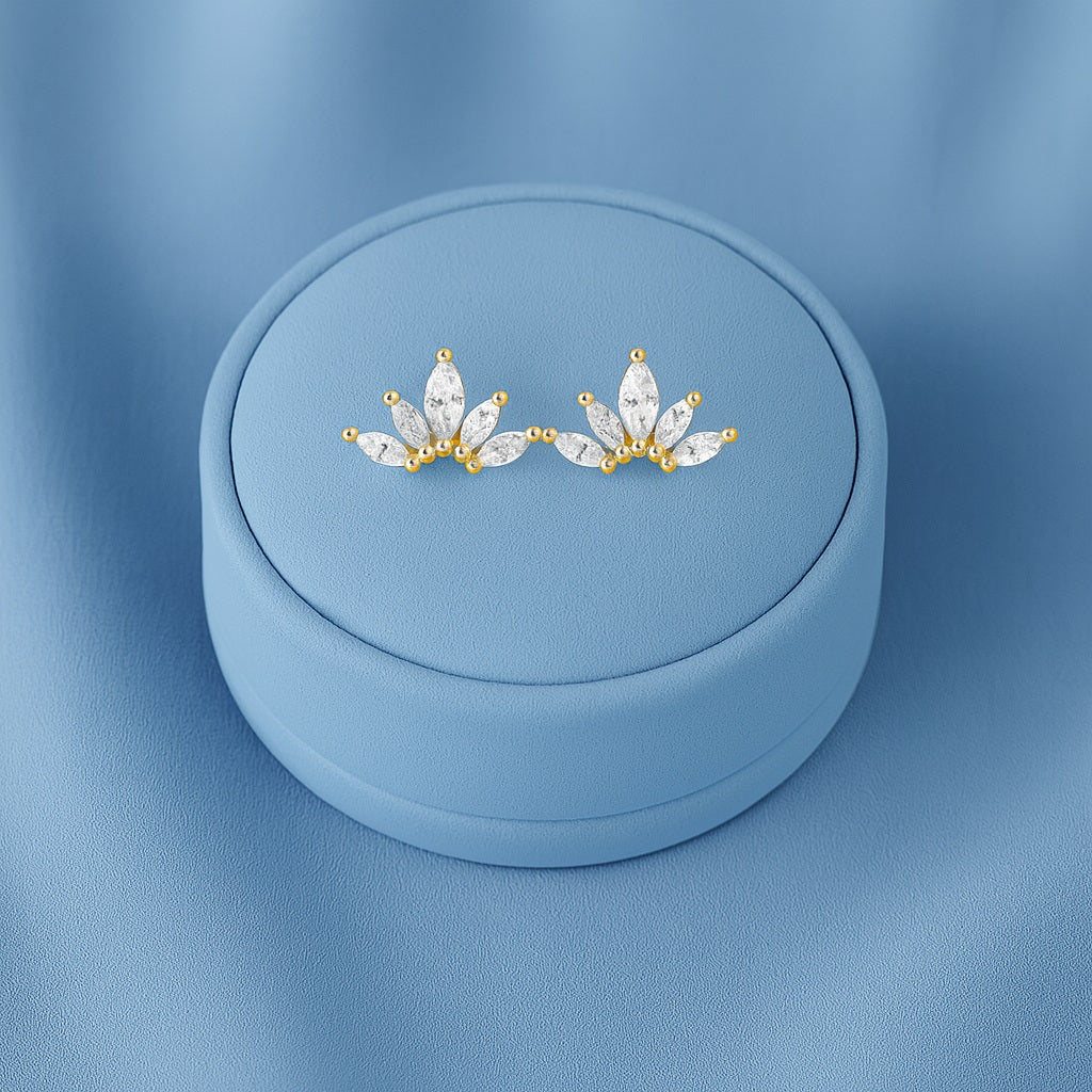 Marquise Fan Cluster Stud Earrings - Sterling Silver Yellow Plated-3