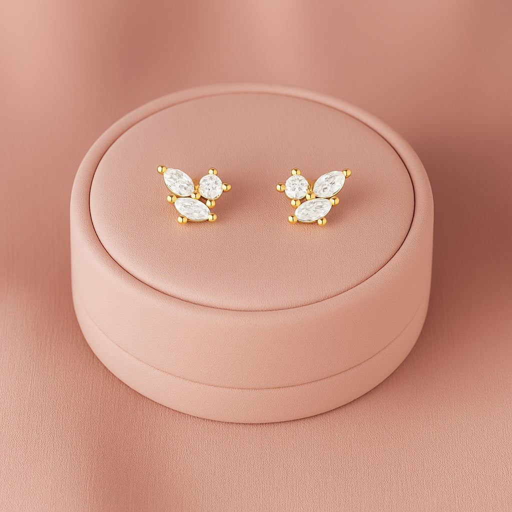 Marquise Trio Cluster Stud Earrings - Sterling Silver Yellow Plated-3
