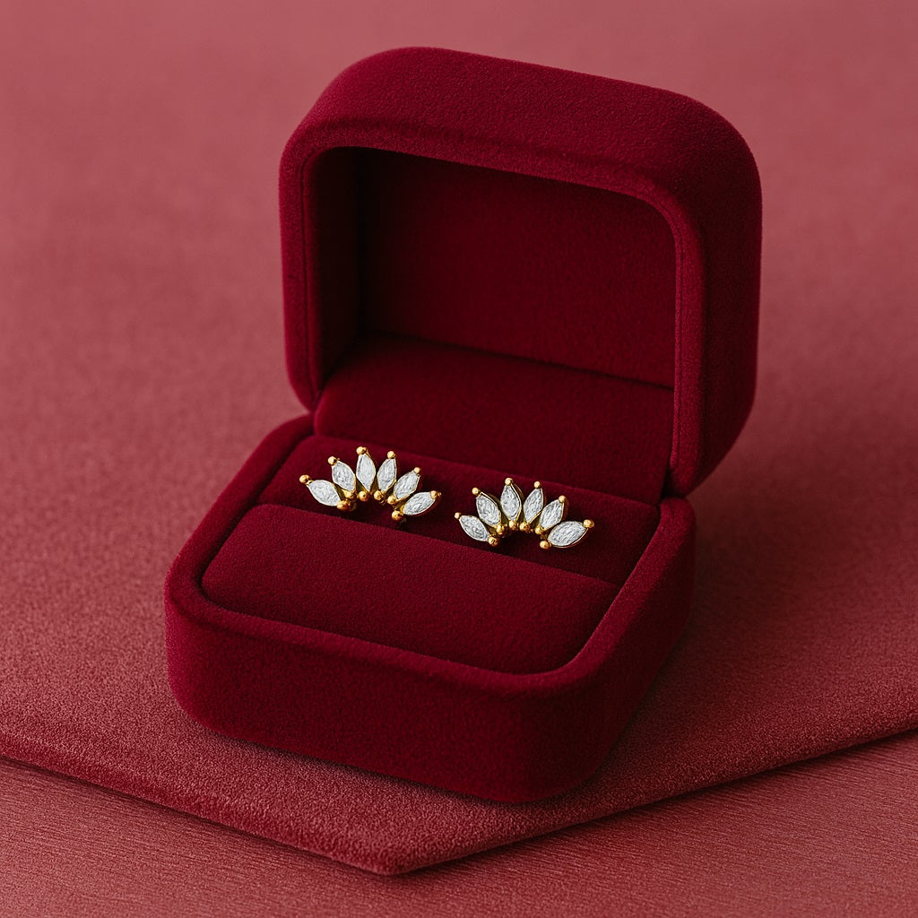 Marquise Fan Cluster Stud Earrings - Sterling Silver Yellow Plated-2